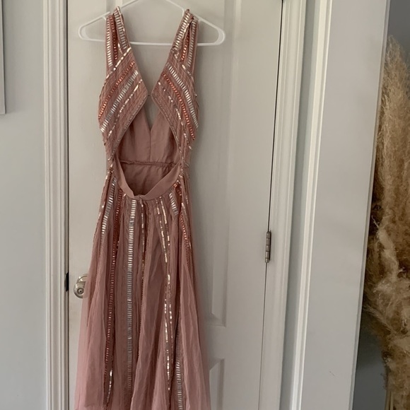 ASOS SALON‎ Sequin Mesh Fit and Flare Midi Dress dress pink beaded size 2 prom - Picture 8 of 15